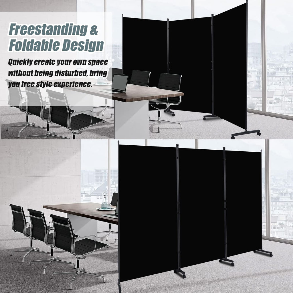Room Divider 102'' Wide Folding Privacy Screen, 3 Panel Wall Divider w/Wheel