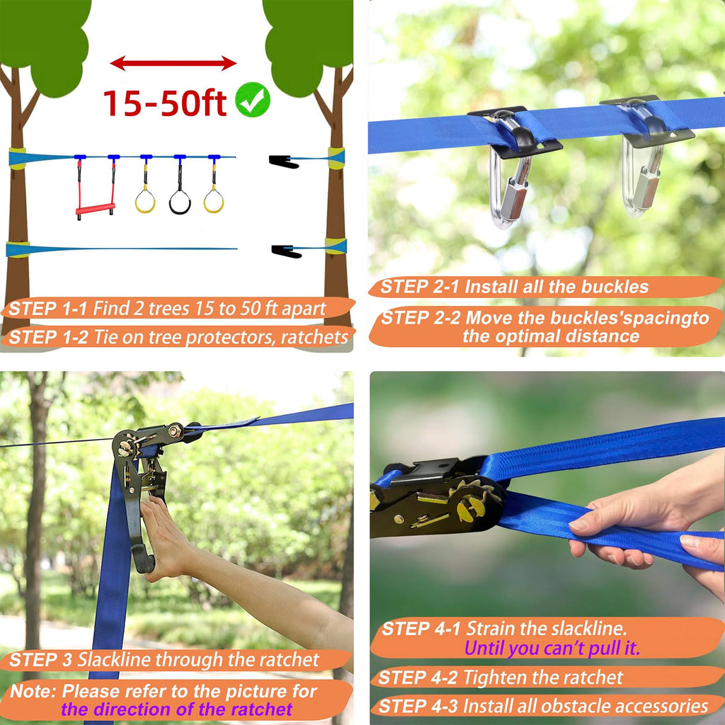 Warrior Obstacle Course for Kids - 2 * 56FT Slackline Kit with 8 Obstacles | Upgraded Quick-Install Buckles (No