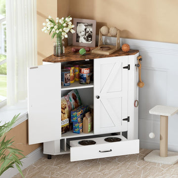 Corner Dog Food Storage Cabinet, Dog Feeding Station with 2 Hidden Bowls, Adjustable Panel, 4 Hooks, Pet Feeding