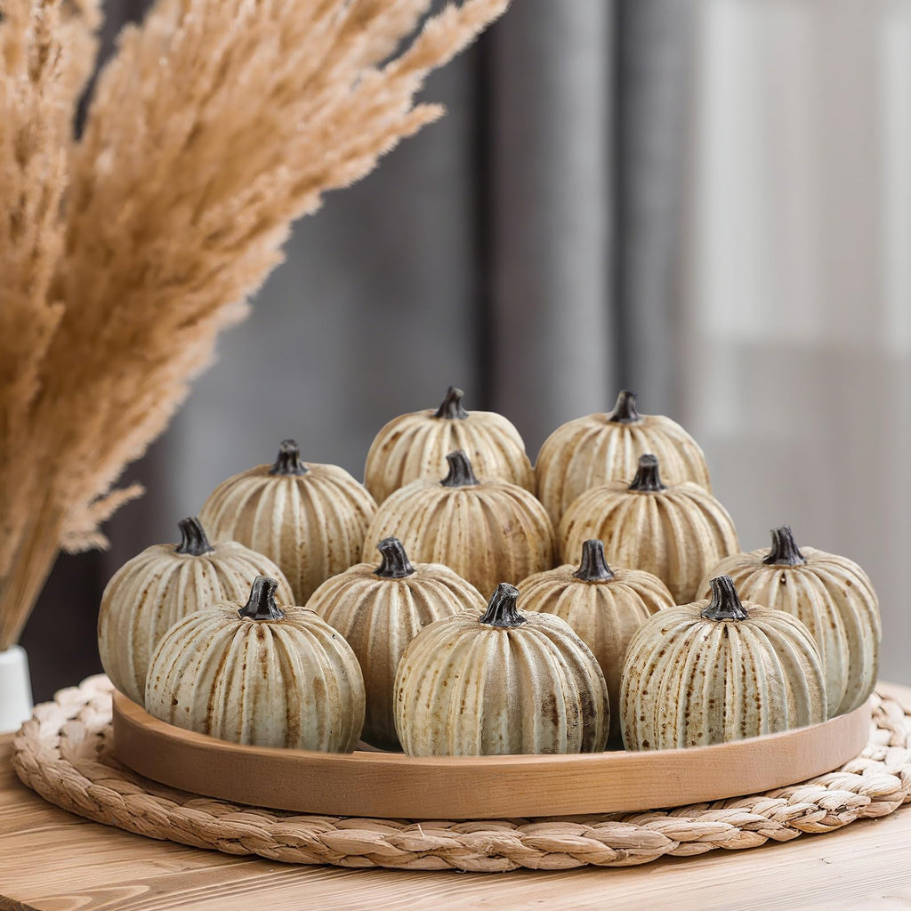 12 Pcs White Rustic Fall Pumpkin Decor Resin Pumpkins for Thanksgiving Decorations Farmhouse Decorative Pumpkins