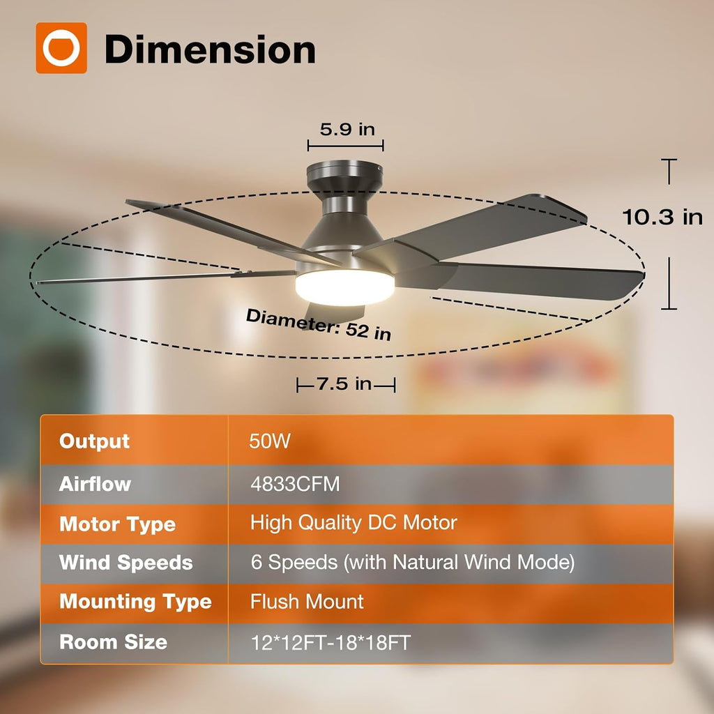 Ceiling Fans with Lights, 52 inch Low Profile Ceiling Fan with Light and Remote Control, Flush Mount, Reversible, 3CCT, Dimmable, Noiseless, Black Ceiling Fan for Bedroom, Indoor/Outdoor Use A103-B0CLNJNKMW