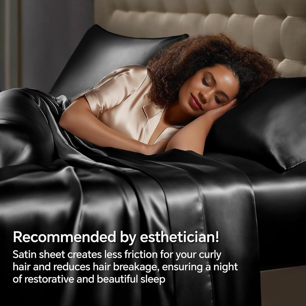 Satin Sheets Queen Bed Set, Luxury Soft Black Silky Sheets for Hair and Skin, Similar to Silk Bed Sheets Set 4 Pieces