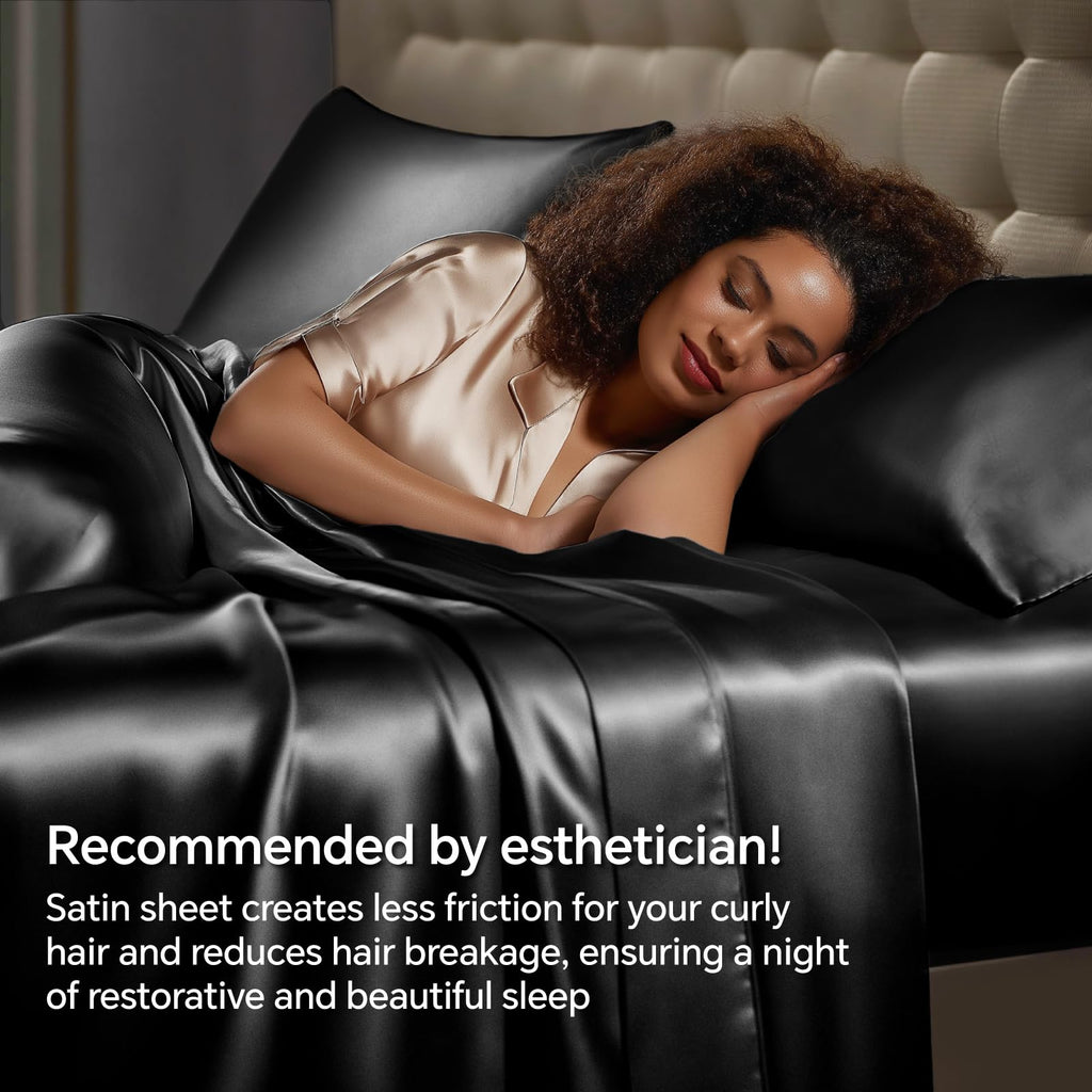 Satin Sheets Full XL Size Bed Set, Black, 4 Pieces