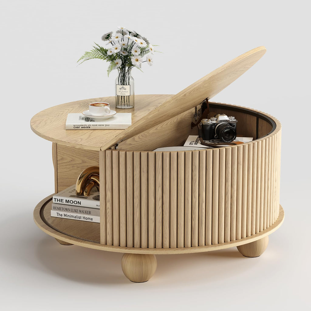 31.5" Round Coffee Table with Storage, Natural Oak