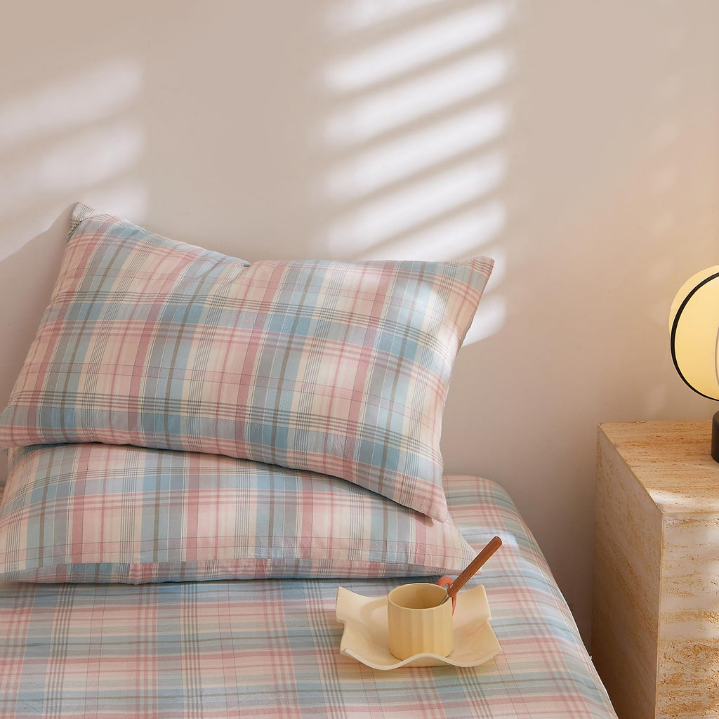 Blush Blue Plaid Comforter Set Gingham Grid 3 Pieces Vintage Checkered Pattern Comforter Buffalo Plaid