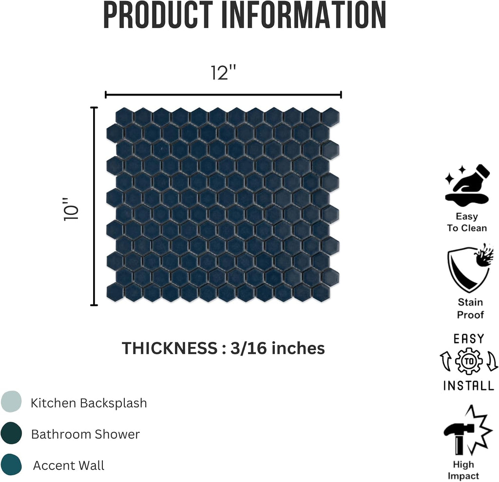 1" Hexagon Porcelain Mosaic Tile Matte Finish Navy Blue Color Wall and Floor Tile , Shower, and Backsplash (5 Sheets)