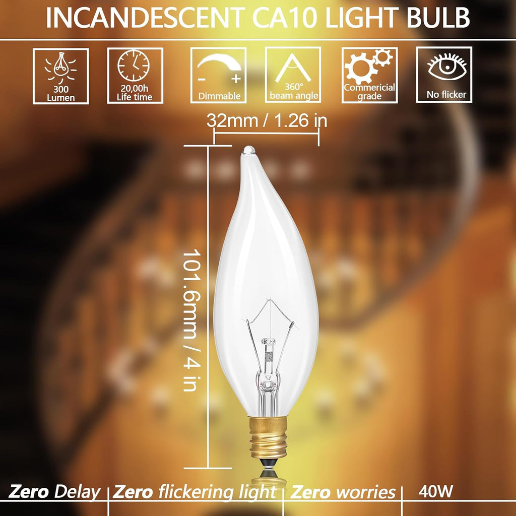E12 Incandescent Candelabra Light Bulbs 40Watt Warm White 2700K