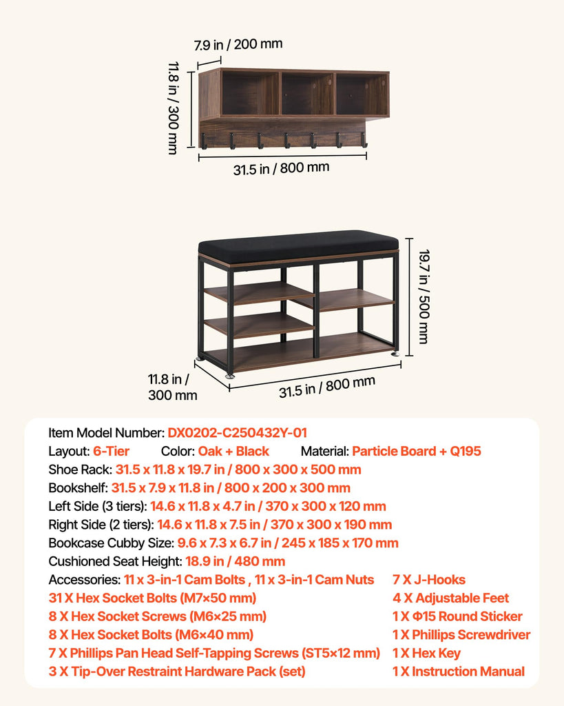 Coat Rack with Shoe Bench, 3-in-1 Shoe Coat Rack Combo Set with Hooks and Bookshelf, Steel Frame Hall Tree Entrance