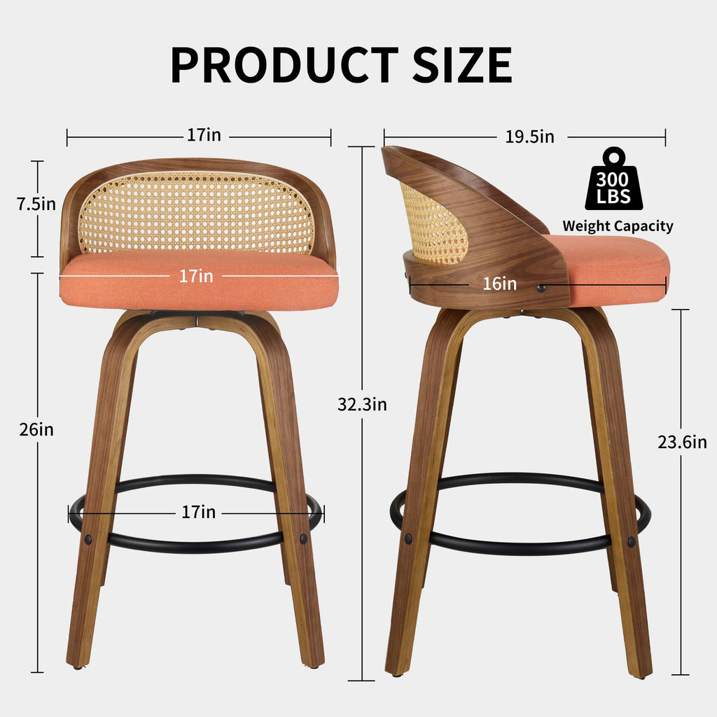 26" Swivel Counter Height Bar Stools Set of 2, Rattan Back, Orange Fabric