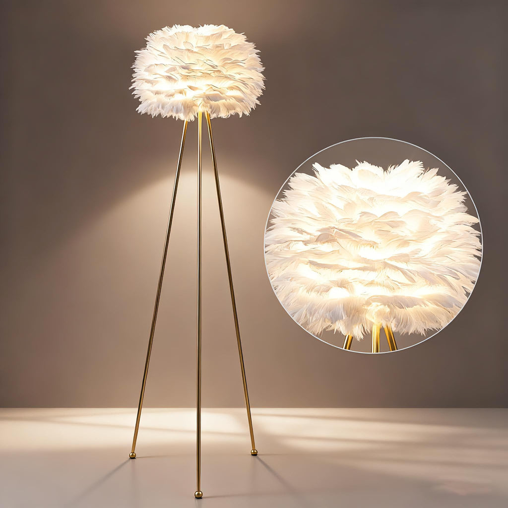 60" Feather Floor Lamp, Tripod Floor Lamp with White Feather Shade, Modern Brass Gold Standing Light s Dining Room