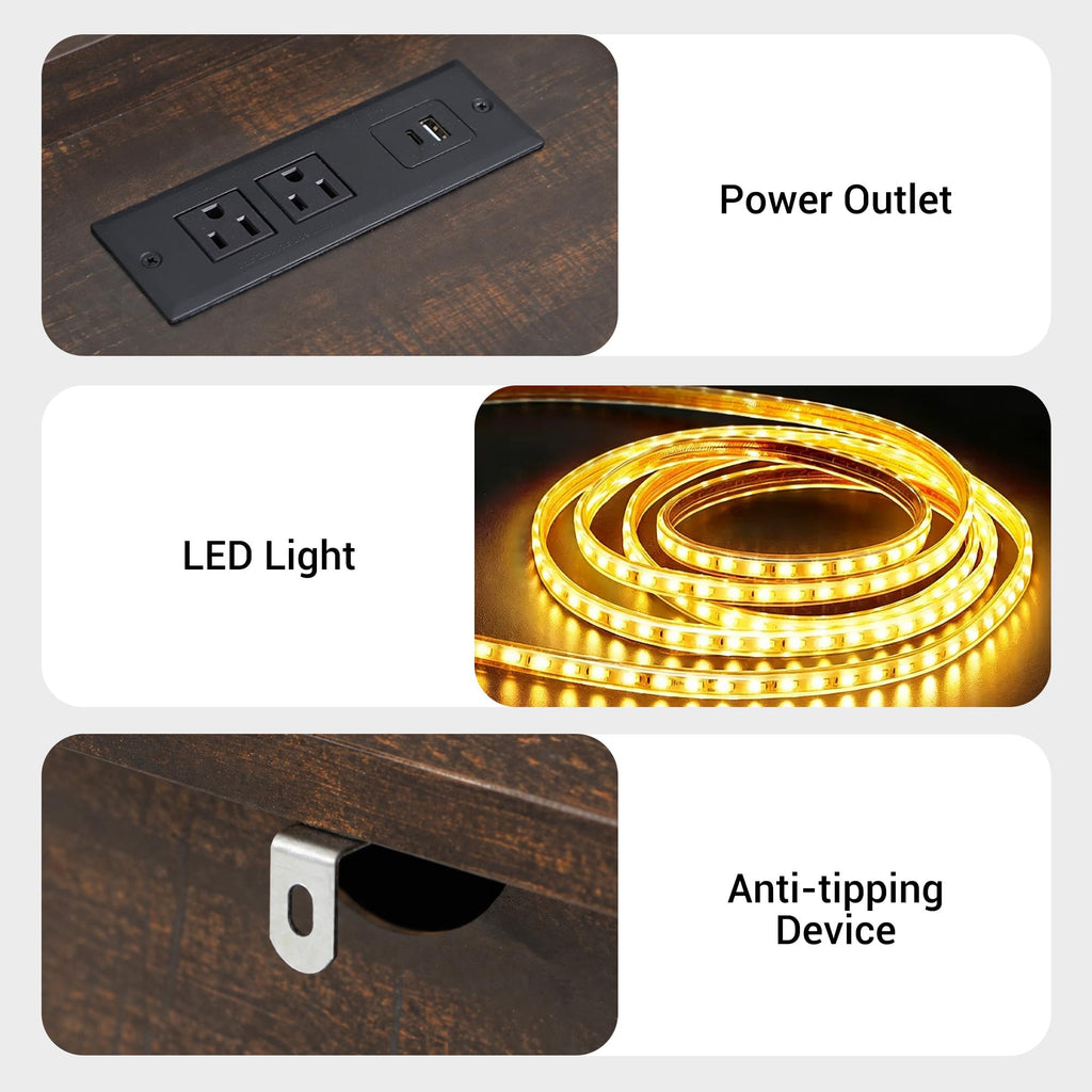 Farmhouse 9 Drawer Dresser with LED Light and Charging Station, Brown