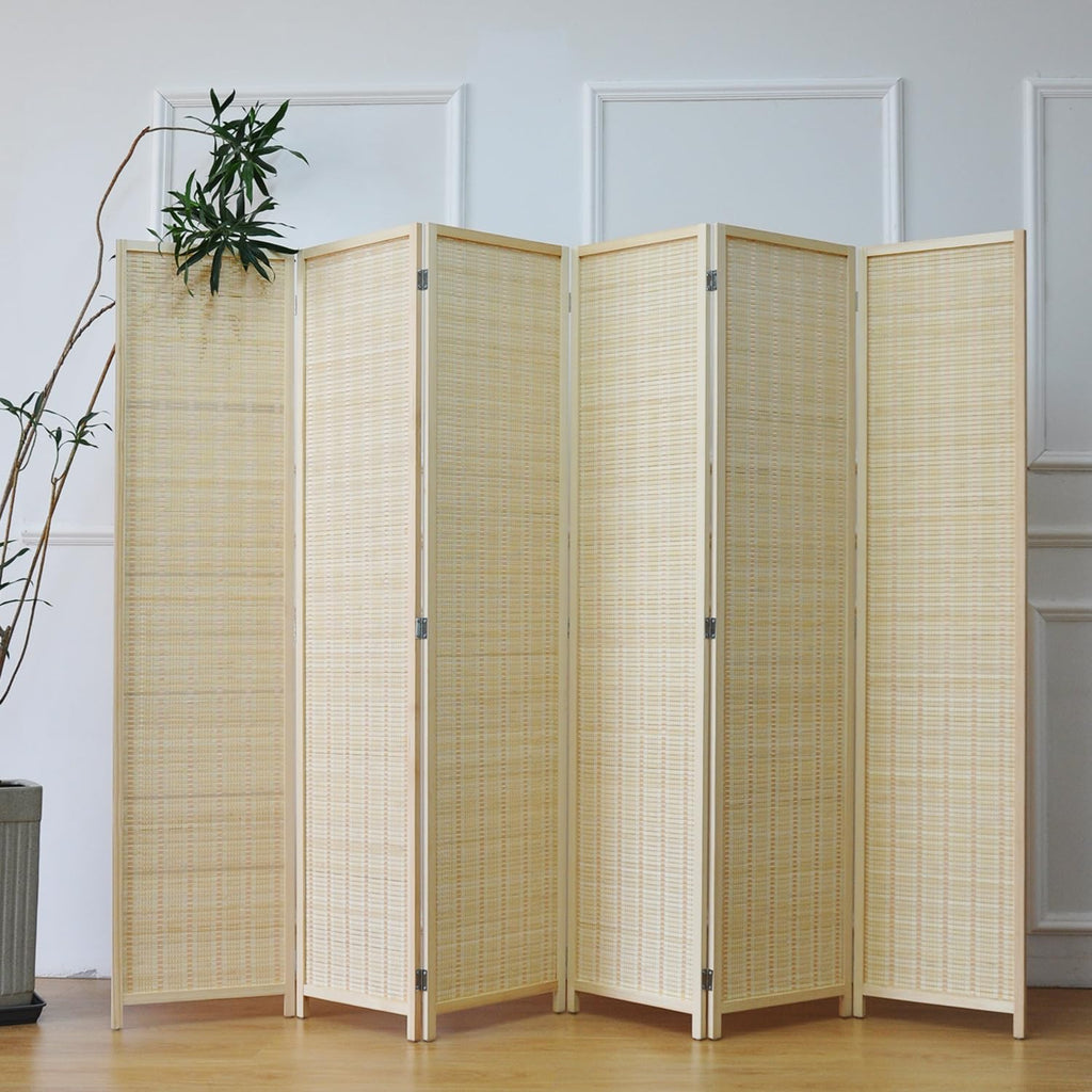 6 Panel Bamboo Room Divider - 5.6 ft Tall Folding Privacy Screen, Natural Beige Freestanding Room Partition Wall (67"