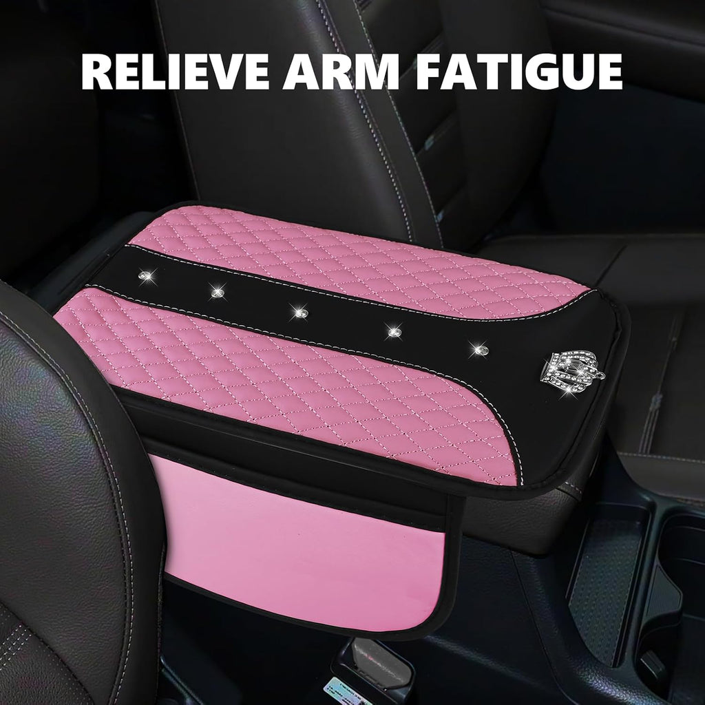Car Accessories Set, Bling Crown Leather Car Steering Wheel Cover w/Armrest Pad, Seat Belt Cover Pads, Gear - Set of 8