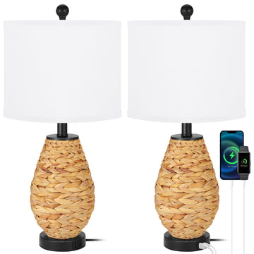 Coastal Table Lamps Set of 2, Retro Natural Seagrass Rattan Woven 25" Bedside Lamp, Living Room Home Nightstand Table
