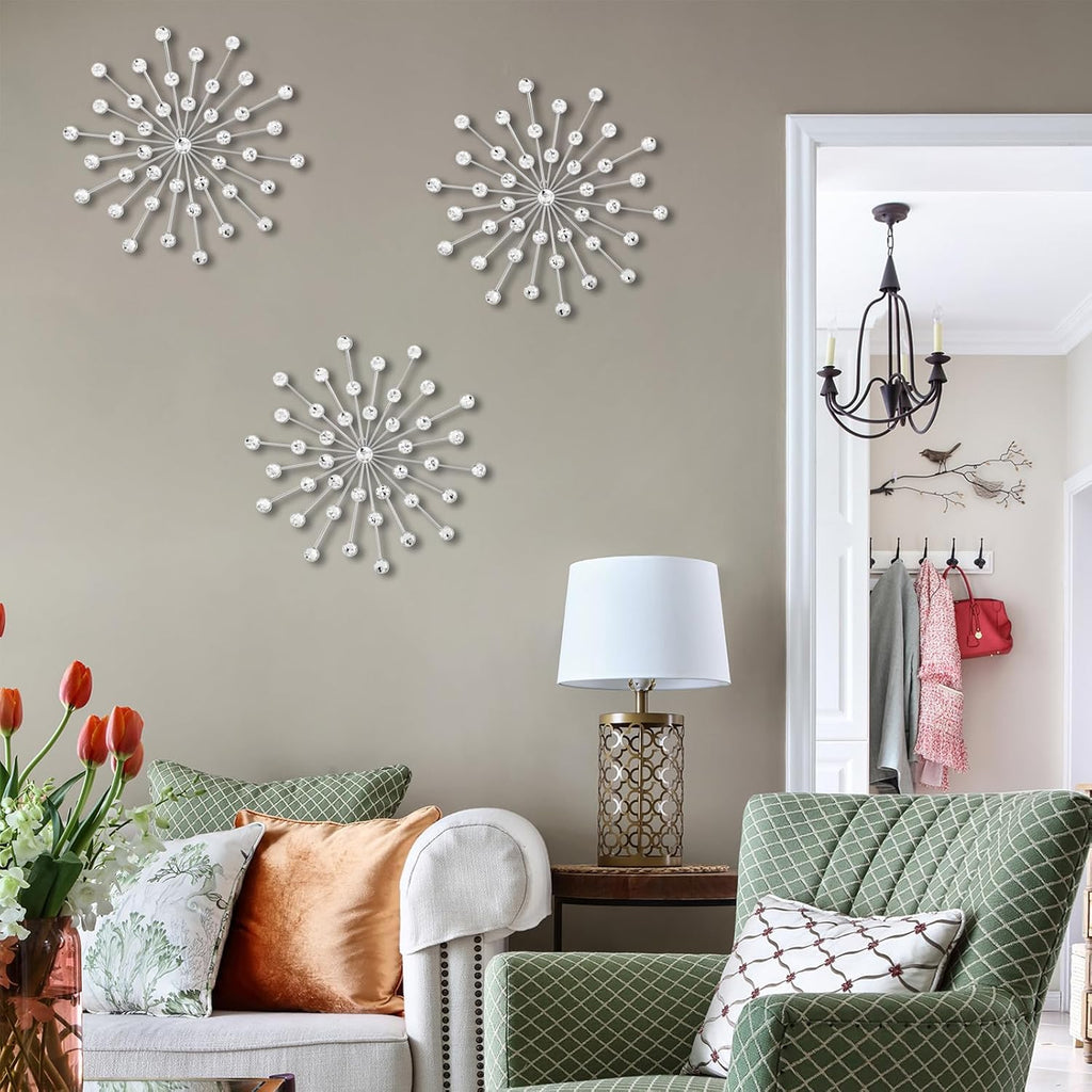 Modern Starburst Wall Decor, Metal Wall Sculpture with Crystal Accents, Silver 3D Wall Art, Elegant Hanging - Set of 3