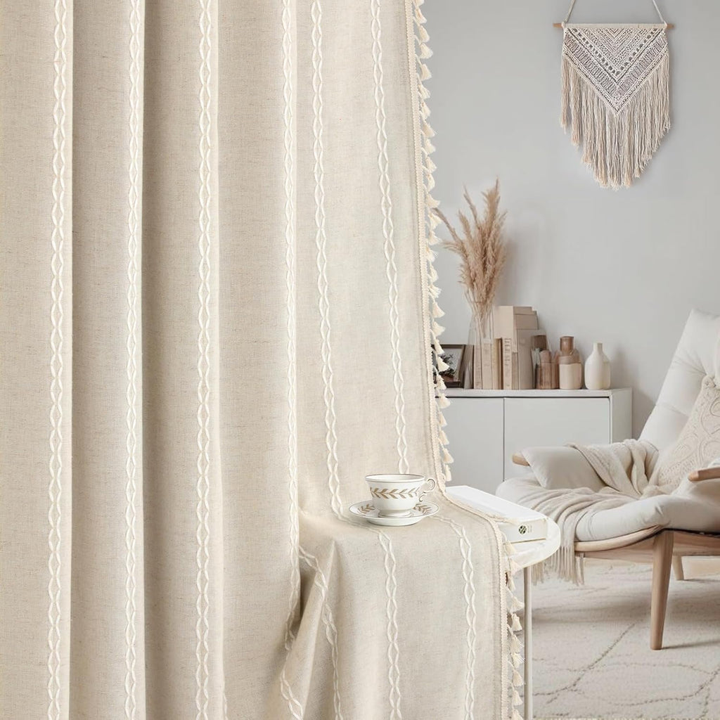 Boho Blackout Curtains 2 Panels 84 Inch for Living Room Bedroom, Beige Linen Texture Farmhouse Curtains with Tassels