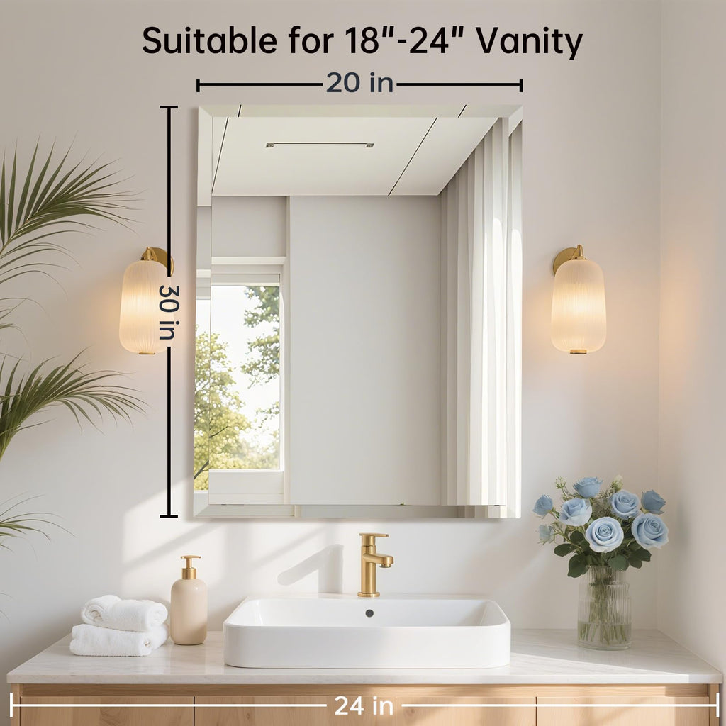 16x24 Inch Rectangle Frameless Mirror, Beveled Bathroom Mirror
