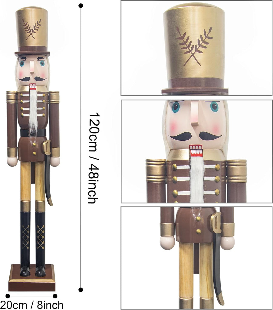 4ft Christmas Nutcracker Brown and Gold Wooden Soldier Nutcracker Figurine Christmas Decorations for Front Door Porch