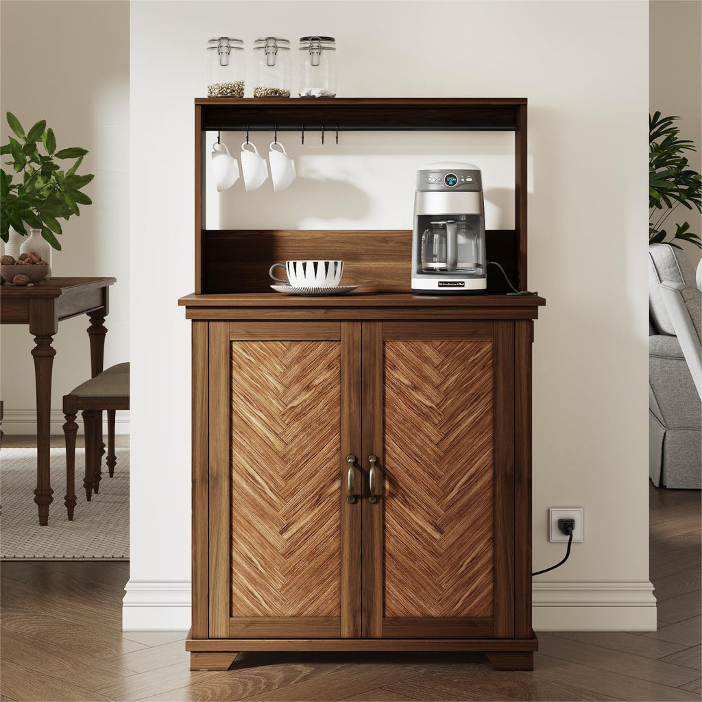 Coffee Bar Cabinet with Storage and Charging Station, Walnut