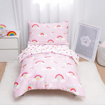 4 Piece Toddler Bedding Set - Soft Breathable Toddler Bedding Set for Girls, Includes Quilted Comforter, Flat Sheet