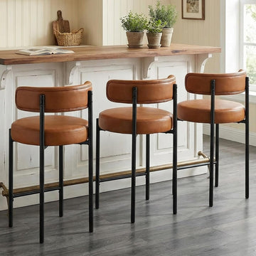 24'' Faux Leather Bar Stools Set of 3, Counter Height Bar Stools with Backs, Upholstered Counter Chairs Island (Vegan