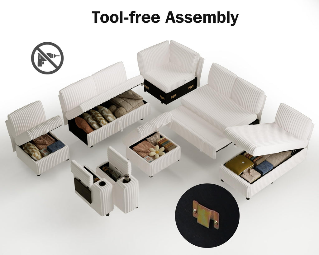 130" Modular Sectional Sleeper Sofa with Pull Out Bed, 9 Seat Corduroy L Shaped Couch with Ottoman and Chaise|USB