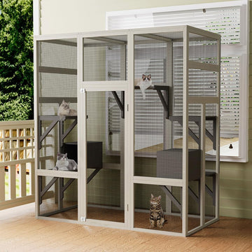 Outdoor Cat House Catio Enclosure 62.6", Wooden Large Cat Cage with Waterproof Roof, Solid Wood Cat Playpen with 7