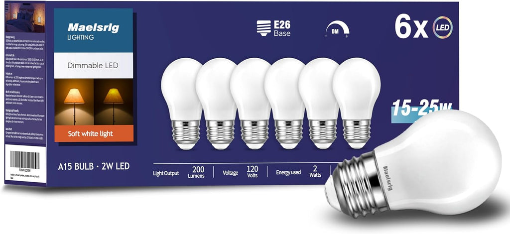 25 Watt Light Bulbs Soft White 2700K, Dimmable, 2W 200 Lumen LED Bulb, E26 Medium Base, 120V, A15 Frosted, Pack of 6