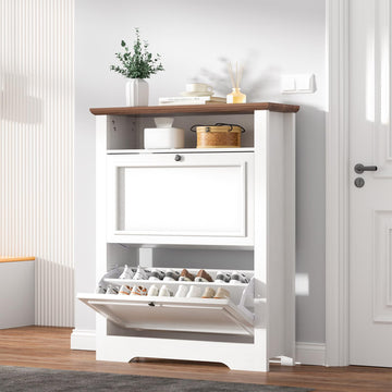 39" Farmhouse Shoe Storage Cabinet with 2 Flip Drawers and Adjustable Entryway Shelves, Hidden Shoe Organizer, White