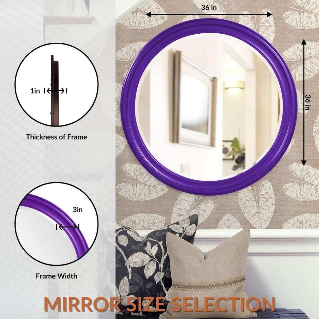 George Round Glossy Royal Purple Wall Mirror, Bevelled Vintage Hanging Wood Framed Vanity Mirrors Decor, Living Room