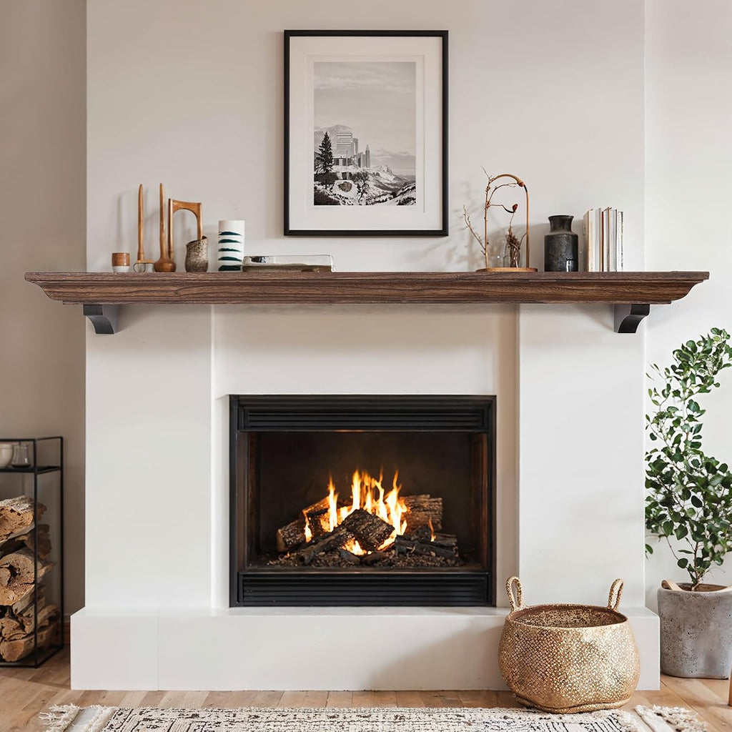 72 Inch Shelf with Corbels, Rustic Floating Shelf for Wall, Wooden Fireplace Mantle for TV Mounting & Living Room, Brown