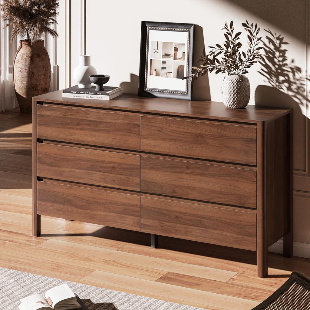 Walnut 6 Drawer Dresser, 55"Wide Modern Wood Dresser