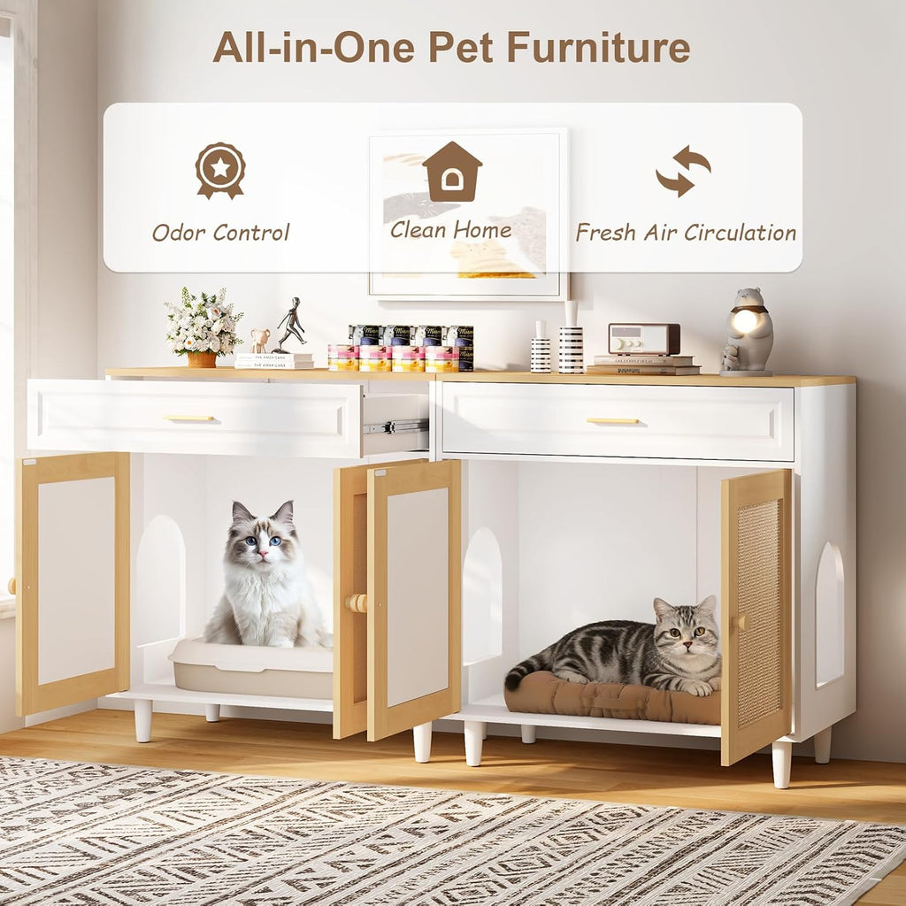 Cat Litter Box Enclosure, Hidden Litter Box Cabinet with Sisal Scratching Board Doors and Drawer, Dog Proof