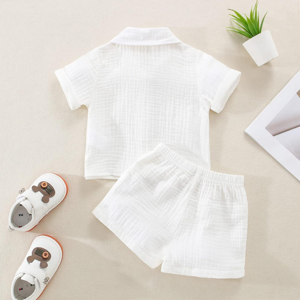 Toddler Baby Boys Clothes Set Button-Down Shirt Tops + Cotton Linen Shorts Summer Outfit 2PCS with Pockets