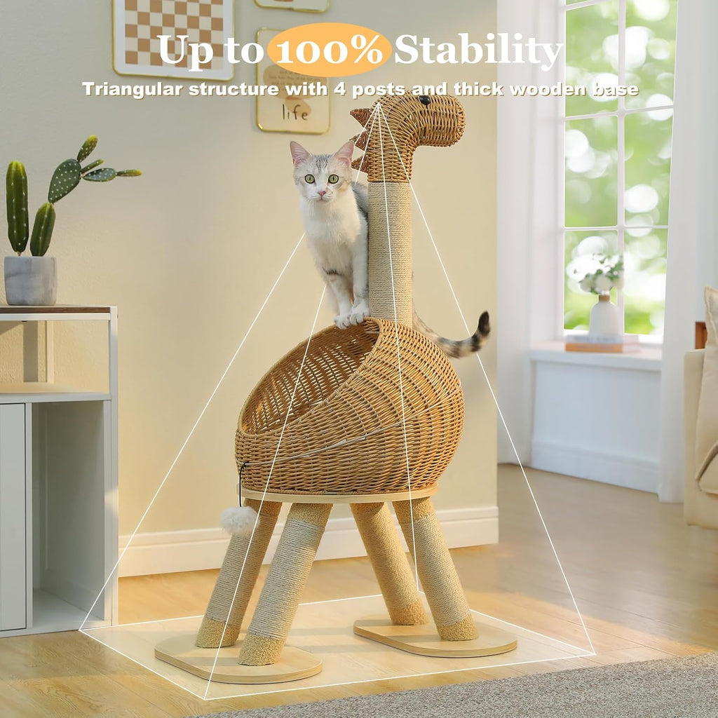 Dinosaur Cat Tree 46" Cat Scratching Posts with Large Rattan Bed