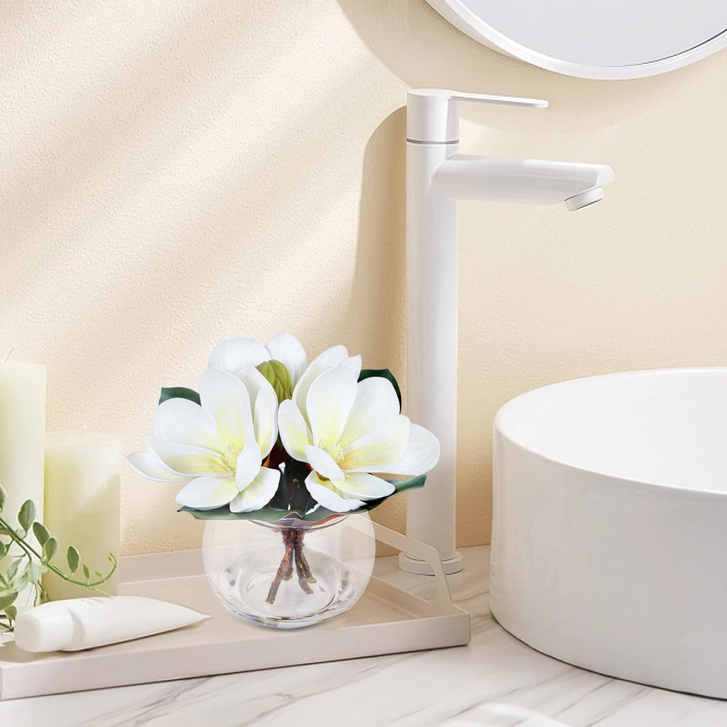 Artificial Magnolia Flowers with Vase White Fake Magnolia Flowers in Glass Vase with Faux Water Small Potted Flower
