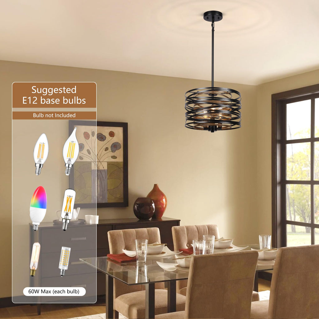 3-Light Dining Room Chandelier, 12.6" Rustic Black Drum Chandeliers, Wood Grain and Vintage Light Fixture Entryway