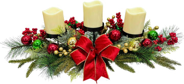 26 Inch Christmas 3 Candle Centerpiece with Red Bow and Ornaments