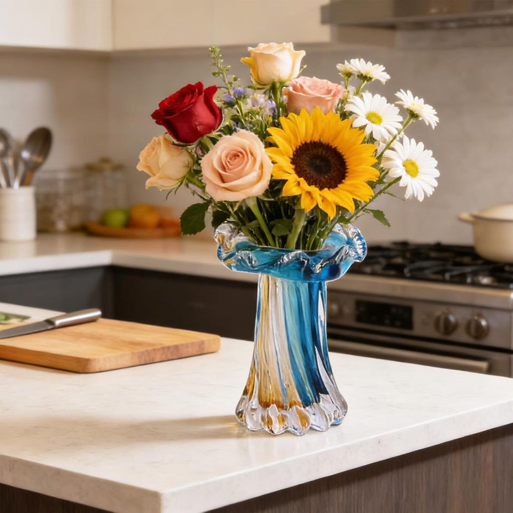 Hand Blown Blue & Yellow Sunset Coast Jellyfish-Shaped Glass Vase, Mini Ocean-Themed Art Sculpture Vase Centerpiece