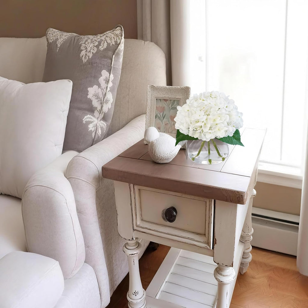 Hydrangea Artificial Flowers in Glass Vase, White Silk Fake Flowers Silk Centerpiece Table Decorations, Coffee Table