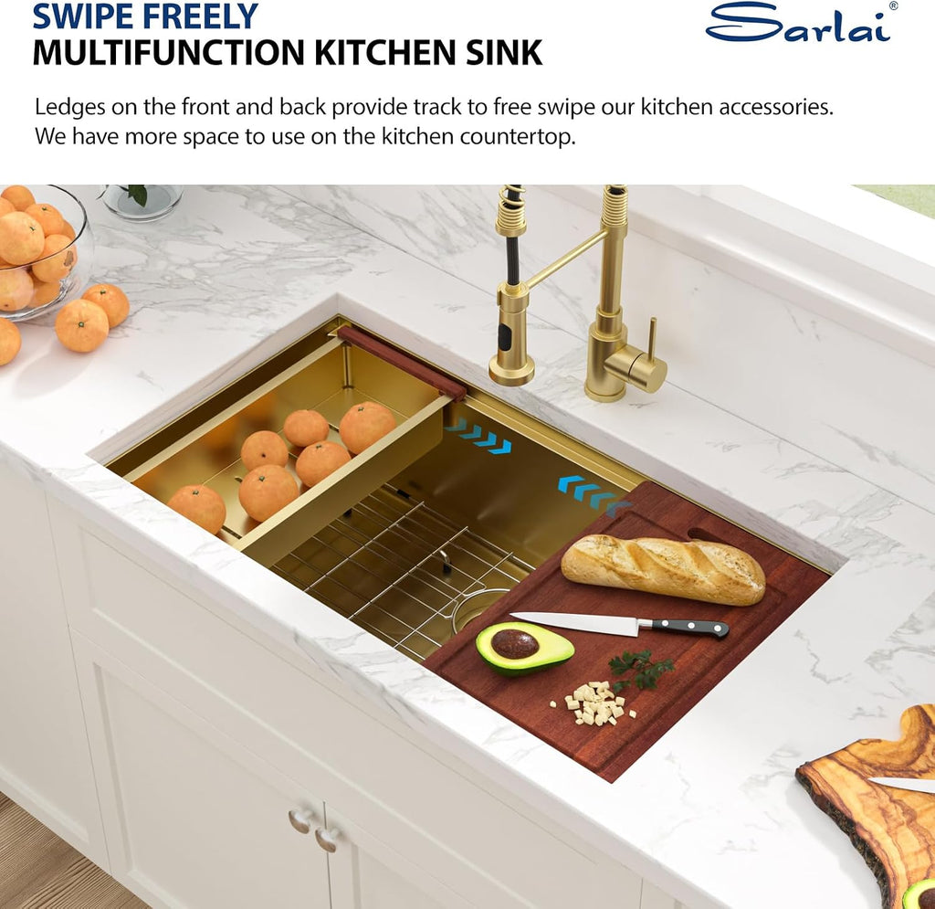 32 Gold Undermount Kitchen Sink 32" x19" Gold Sinks Workstation | 10" Deep 16 Gauge Stainless Steel Single Bowl Round