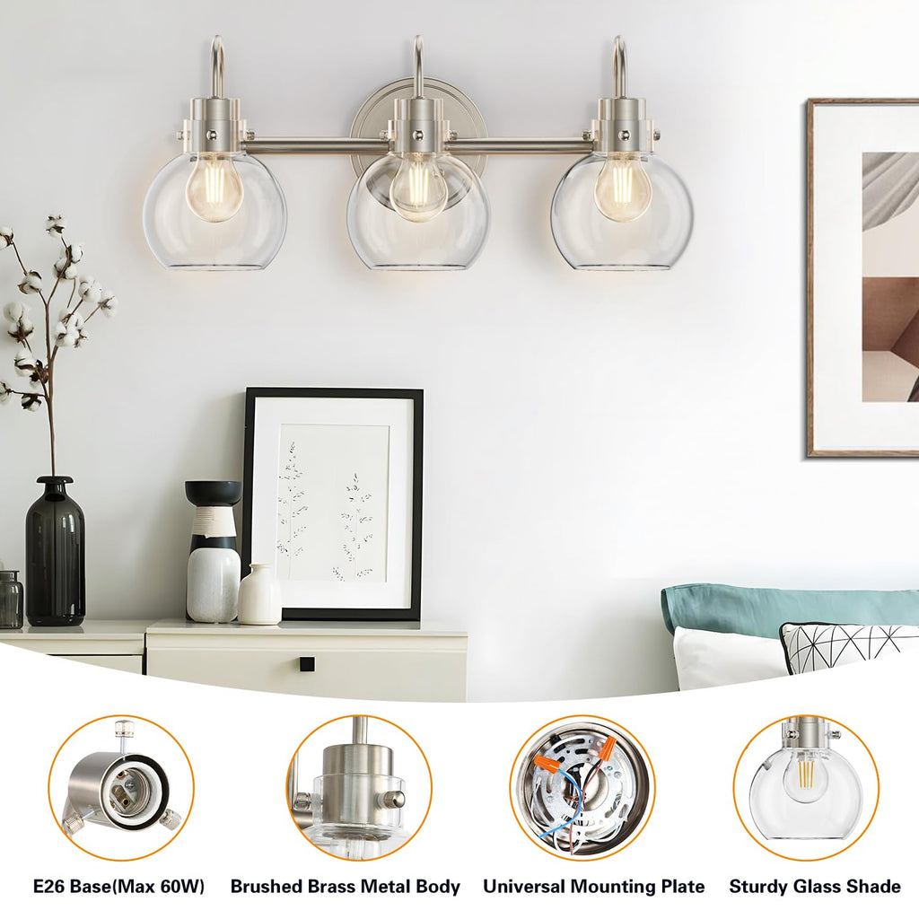 3 Lights Vanity Light, Brushed Nickel Bathroom Light Fixtures, Farmhouse Wall Sconces with Globe Clear Glass Shade