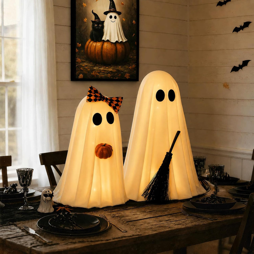 Halloween Decorations Indoor, 2 Pack Lighted Ghost Decor with Broom Pumpkin - Set of 2