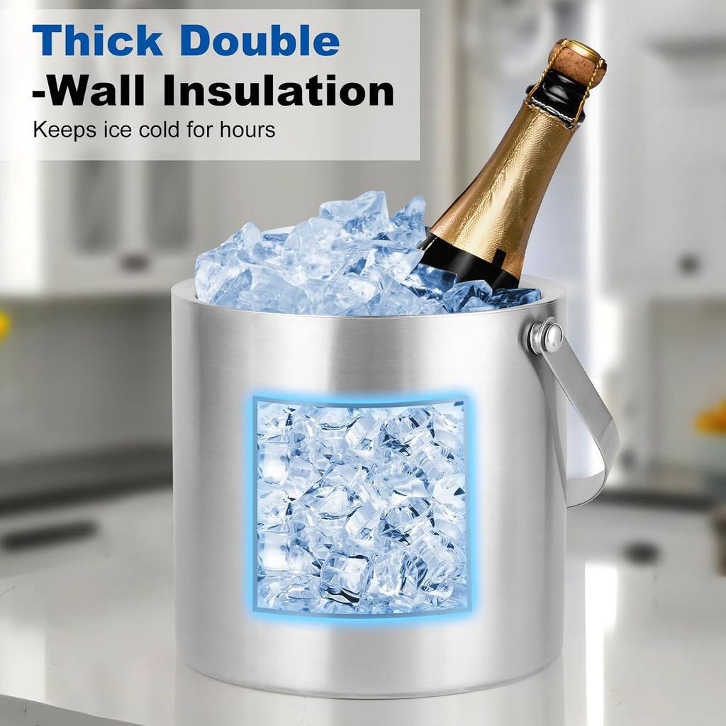 3L Stainless Steel Ice Bucket - Double-Wall Insulated Cooler Keeps Ice Frozen Longer for Wine, Champagne &