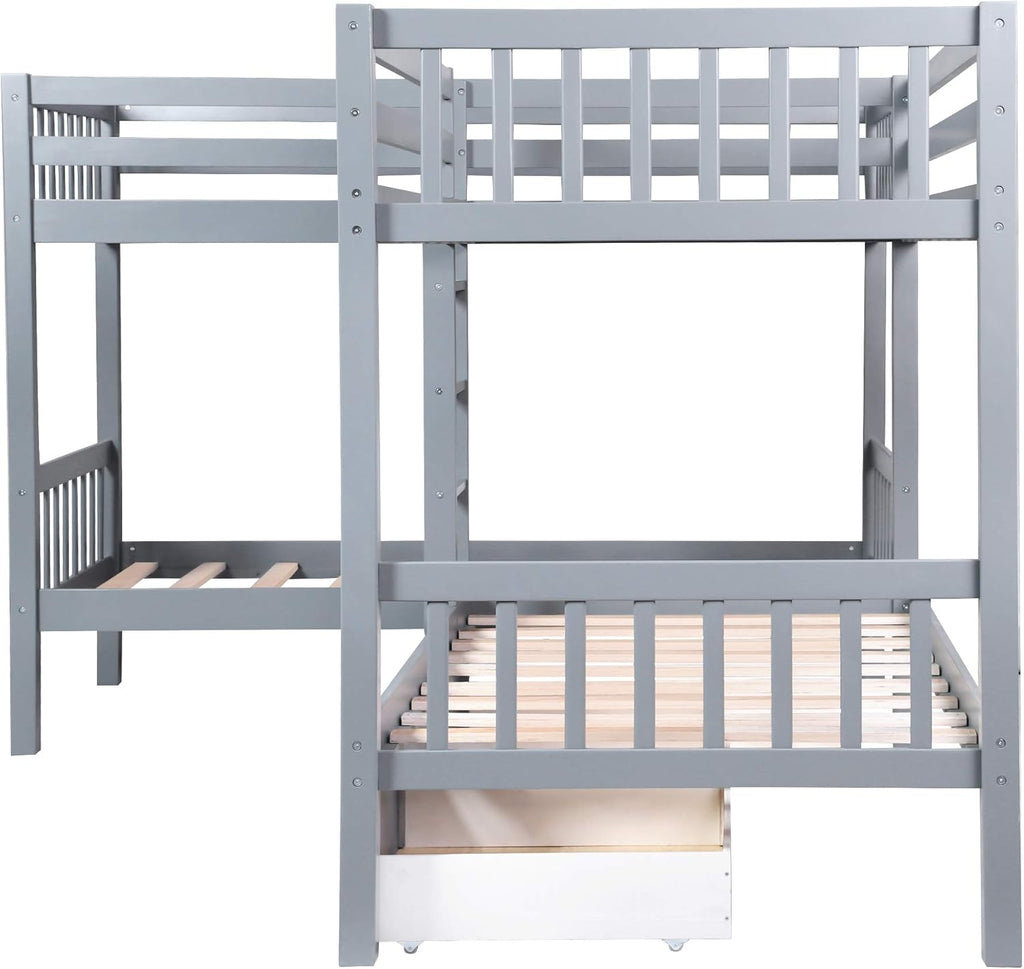 Twin L-Shaped Bunk Bed with Storage Drawers, Wooden Bunk Bed for 4, Grey