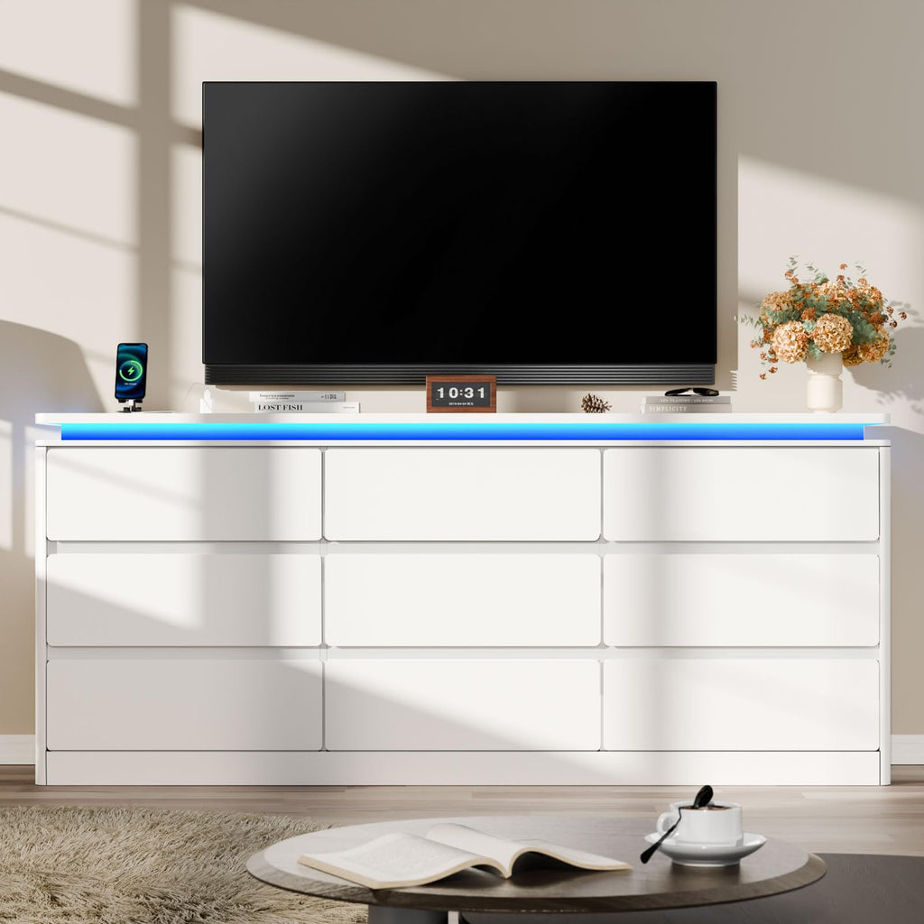 9 Drawer, 62.99" Long White Chest of Drawers w/LED Light