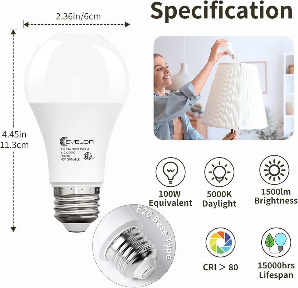24-Packs A19 LED Light Bulbs,100 Watt Equivalent Daylight 5000K Bright Bulbs Efficient 13W,1500 Lumens E26 Base, Non