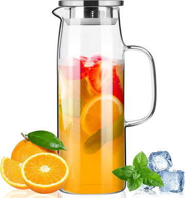 Glass Pitcher with Lid and Spout 50oz/ 1.5L, Hot/Cold Water Pitcher, Iced Tea Pitcher for the Shelf of Fridge, Easy