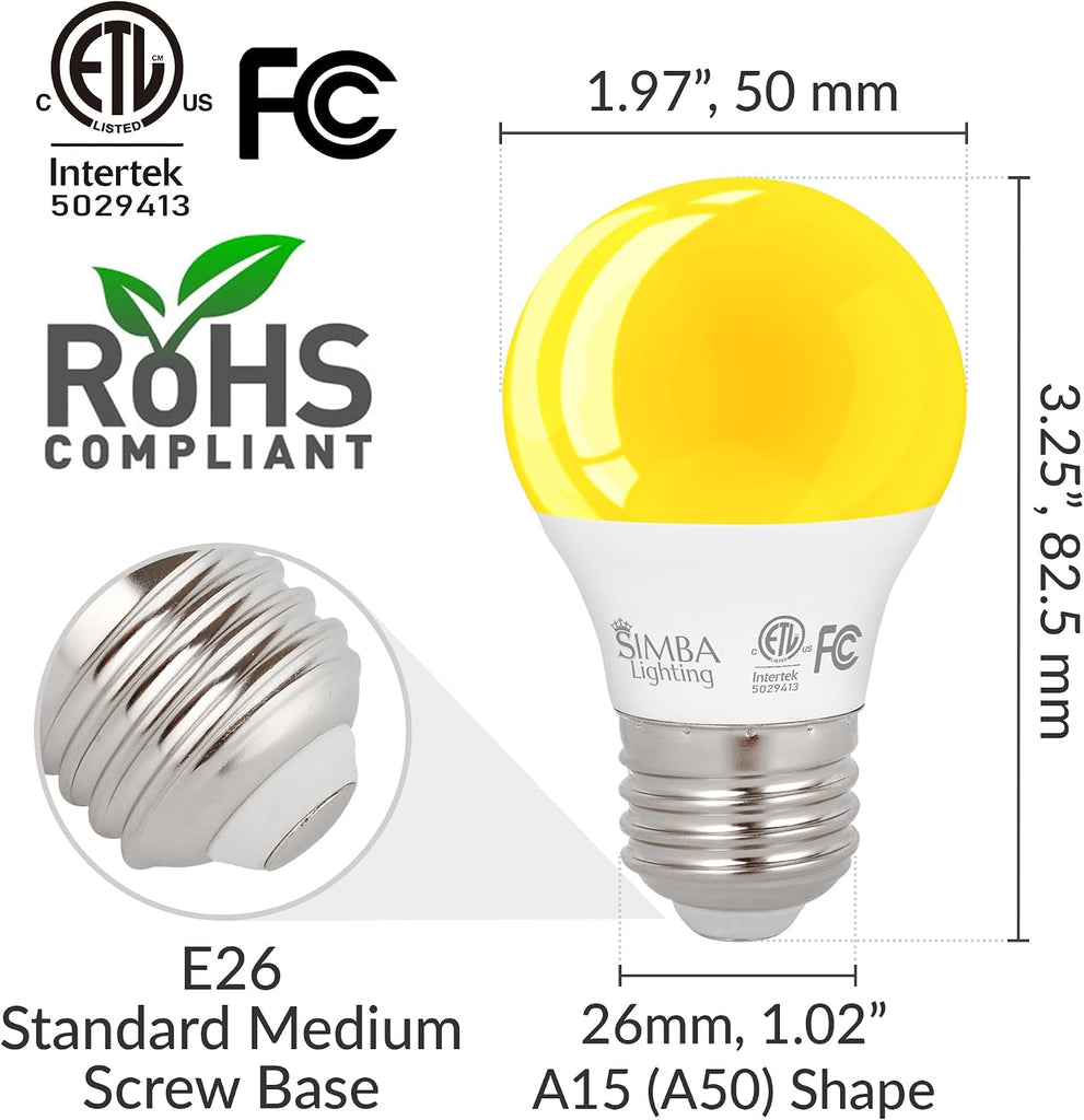 LED Bug Non-Attracting A15 Yellow Bulb ETL Listed 5W, 4 Pack