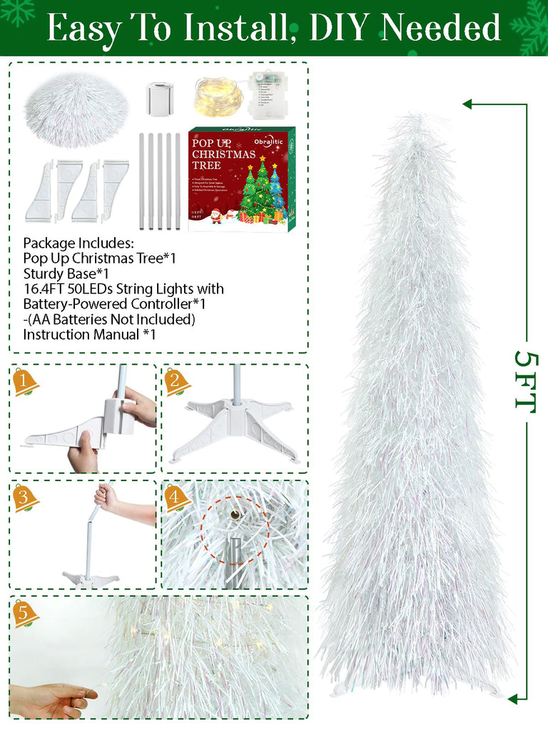 5 FT Shaggy Pop Up Christmas Tree with 50 Timer Lights, White Collapsible Artificial Tinsel Christmas Pencil Tree
